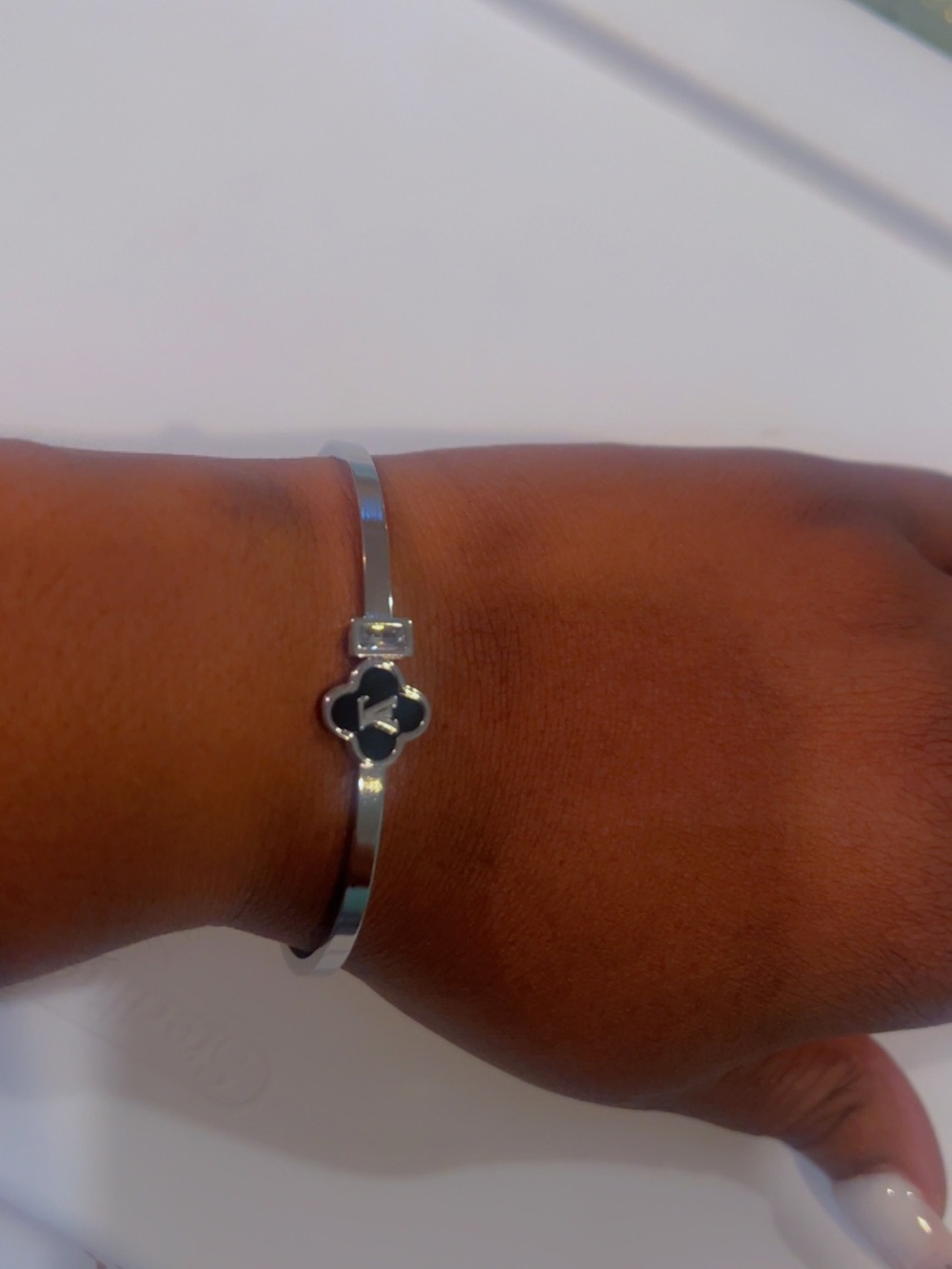 Silver Black Clover Accent Bangle Bracelet #0029